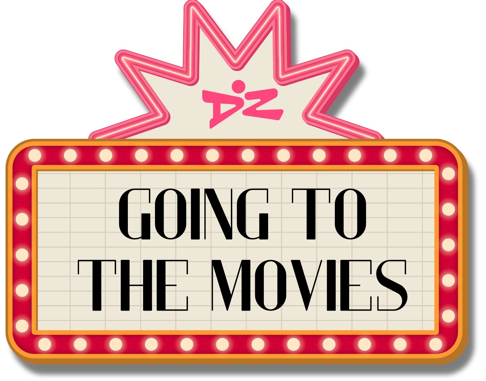 A neon sign with a pink arrow shape and illuminated light bulbs, displaying the message "Going to the movies".