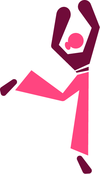 A cartoon-style person with long hair, wearing a pink dress, jumping or dancing with arms raised and one leg bent.