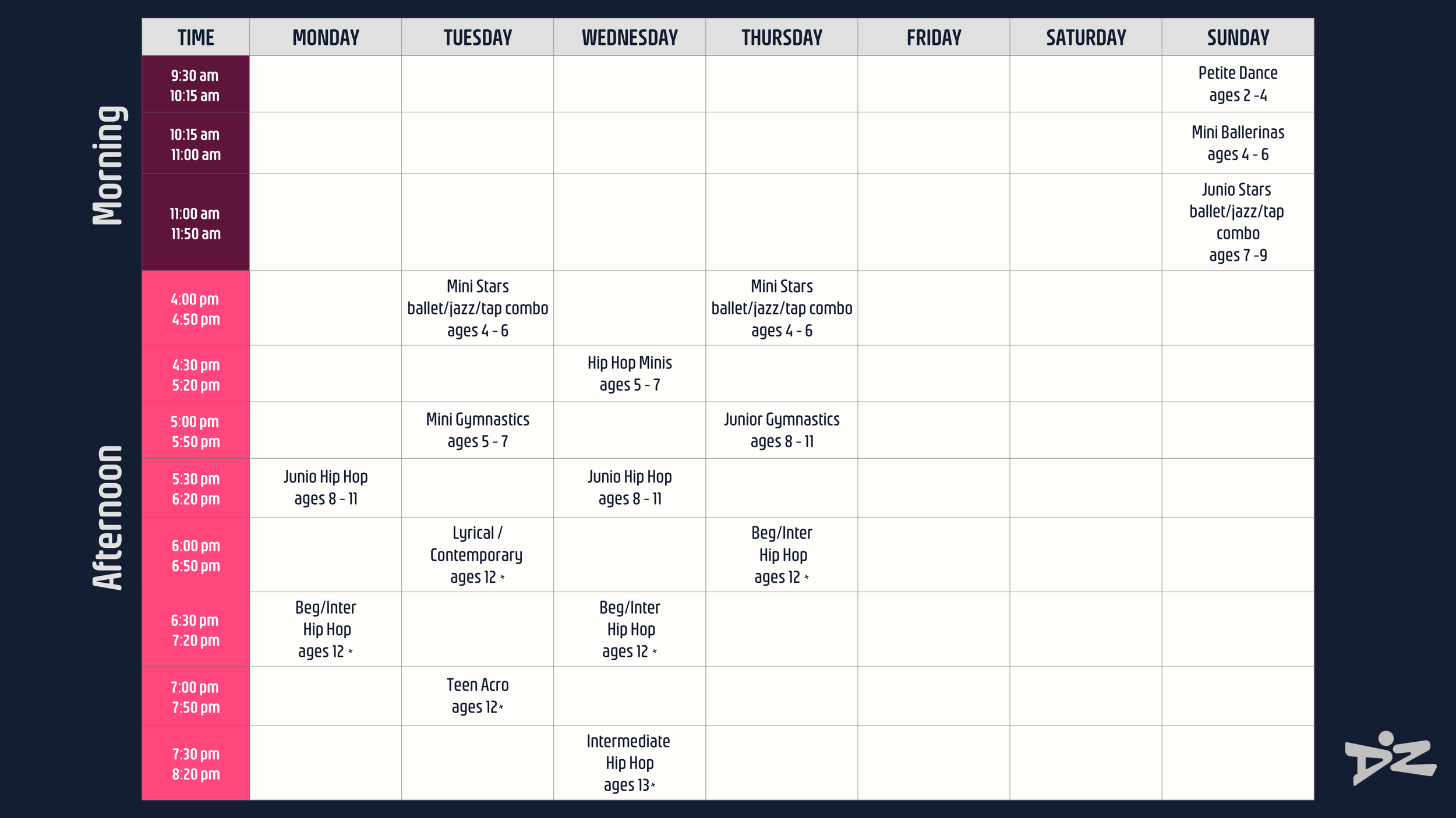 Weekly dance class schedule with classes listed by time, Monday through Sunday, for morning and afternoon, including various dance classes for different age groups such as Petite Dance, Mini Ballerinas, Junior Stars, Hip Hop Minis, Mini Gymnastics, Junior Hip Hop, Lyrical/Contemporary, Beg/Inter Hip Hop, Teen Acro, Intermediate Hip Hop, and Beg/Inter Hip Hop.