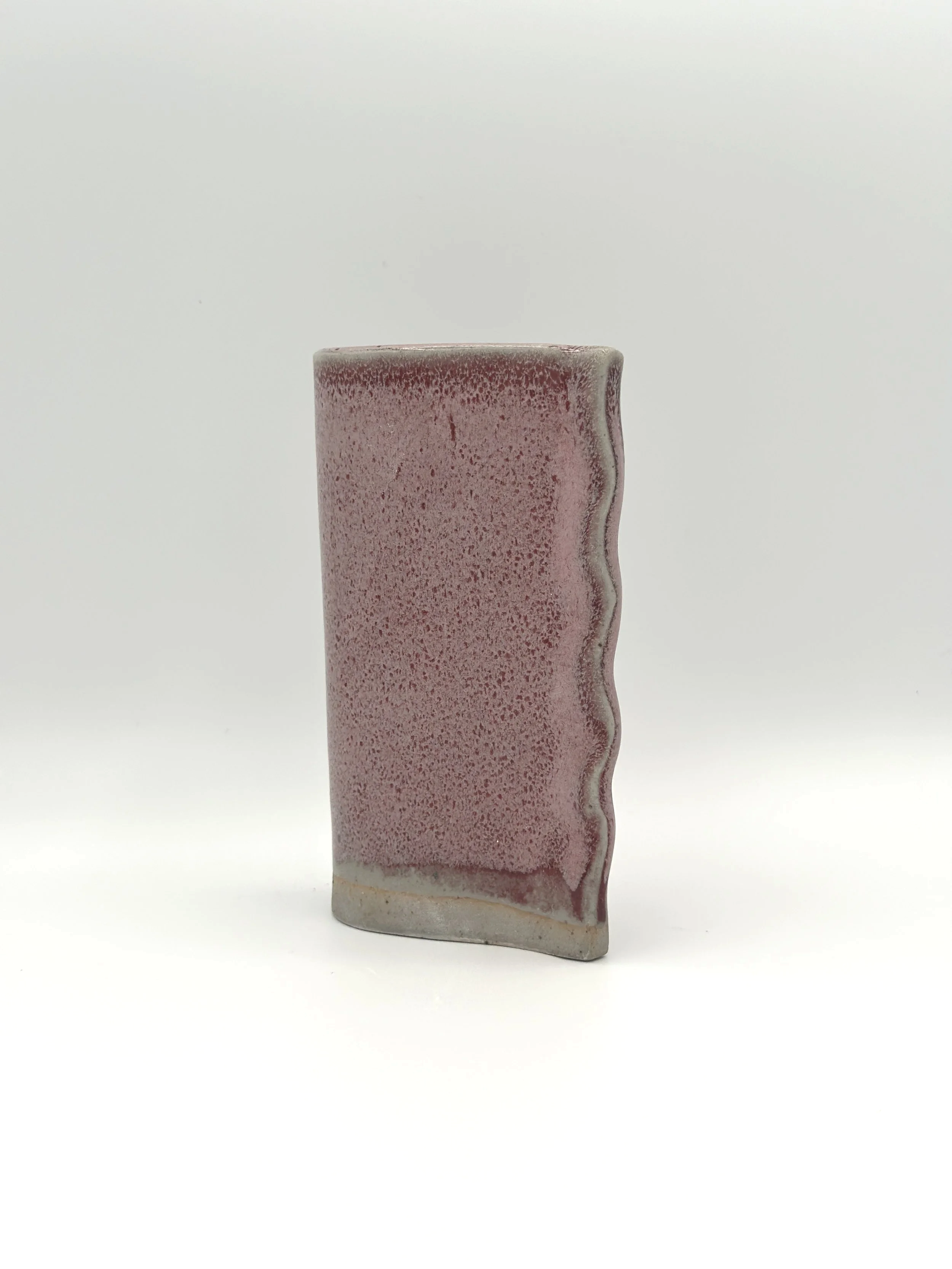 speckled red and pink ruffled bud vase handmade ceramics side view