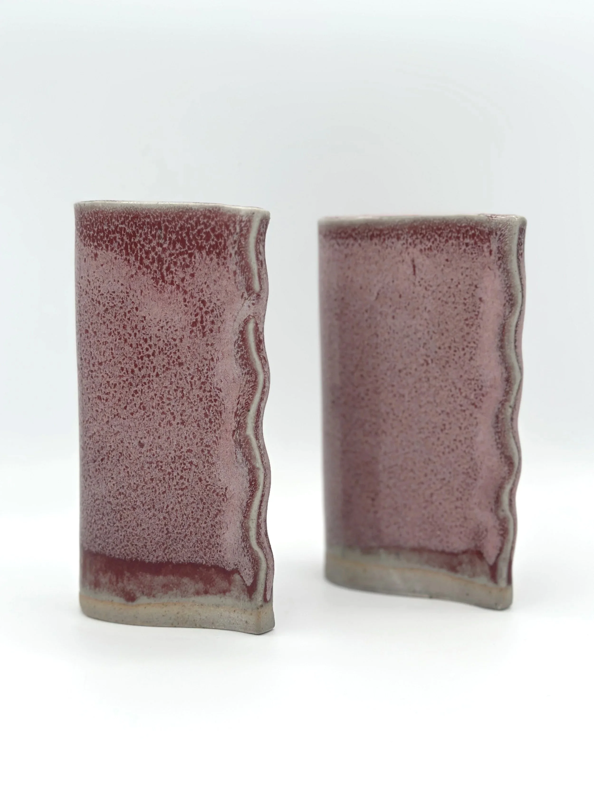 two speckled red and pink ruffled bud vases handmade ceramics
