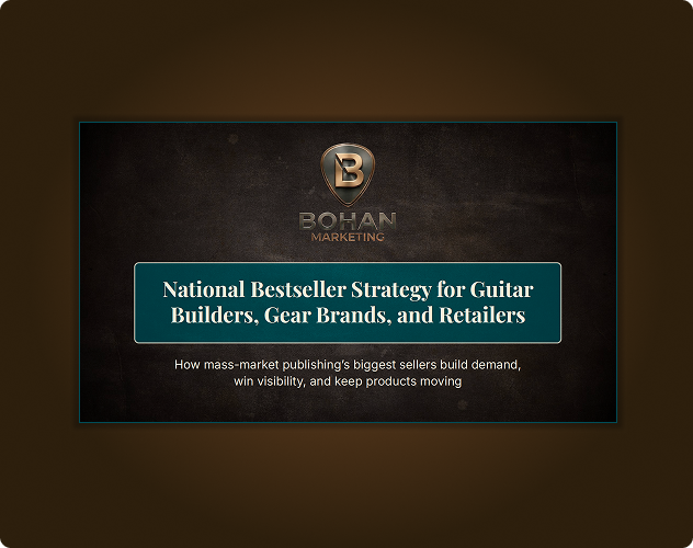 A promotional digital graphic for Bohan Marketing featuring a dark background with a logo at the top, and text promoting a strategy for guitar builders, gear brands, and retailers.