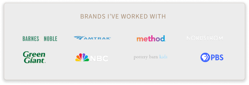 A graphic displaying logos of various brands with the title "Brands I’ve Worked With." The brands include Barnes & Noble, Amtrak, Method, Nordstrom, Green Giant, NBC, Pottery Barn Kids, and PBS.