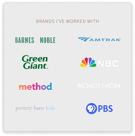 A list of brands the person has worked with, including Barnes & Noble, Amtrak, Green Giant, NBC, Method, Nordstrom, Pottery Barn Kids, and PBS.