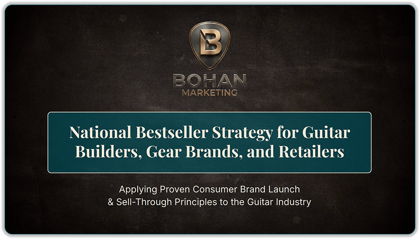 A presentation slide from Bohan Marketing titled "National Bestseller Strategy for Guitar Builders, Gear Brands, and Retailers," with a subtitle about applying consumer brand launch and sell-through principles to the guitar industry.