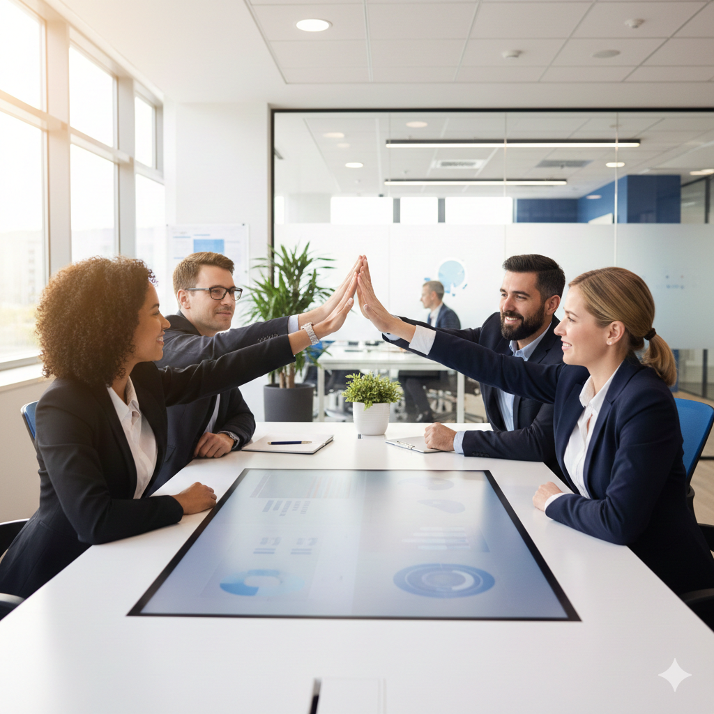 Cuatro personas de negocios en una sala de reuniones dándose un apretón de manos en señal de acuerdo o logro.