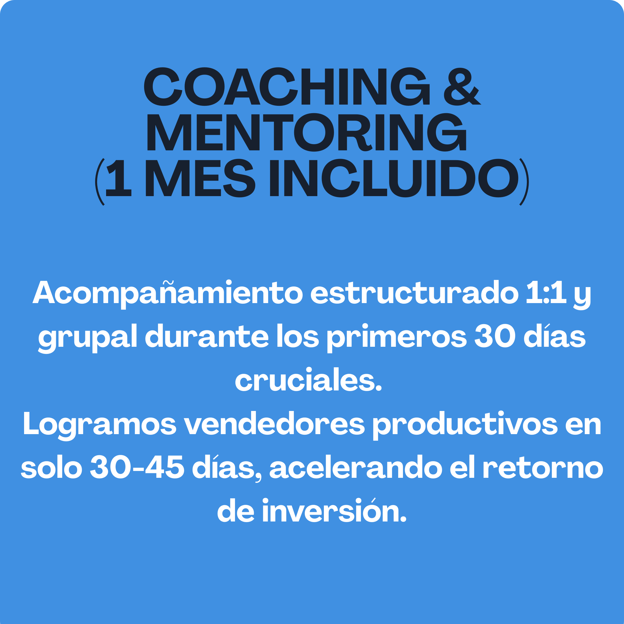 Texto en fondo azul que menciona coaching y mentoring, con detalles sobre acompañamiento estructurado y programa de inversión de 30 a 45 días.