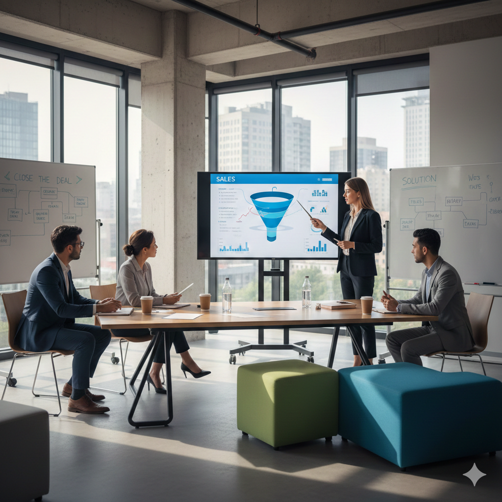 Reunión de negocios en una oficina moderna con vista a la ciudad, una mujer presenta un gráfico de ventas en una pantalla digital, mientras cuatro personas observan y toman notas.