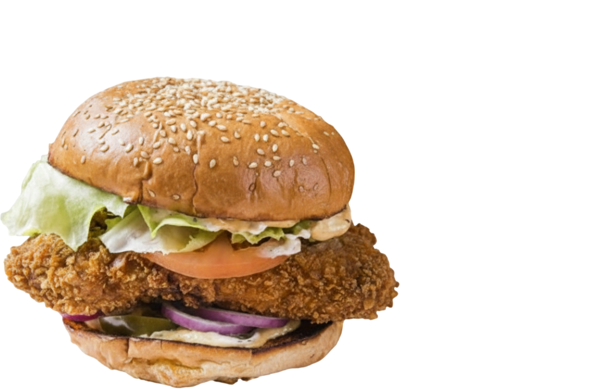 A crispy fried chicken burger with lettuce, tomato, onions, pickles, and mayonnaise in a sesame seed milk bun.