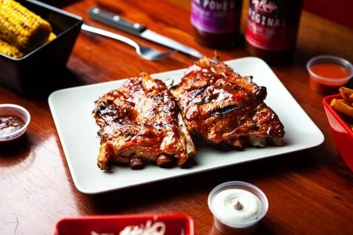 Two glazed pork ribs on a white plate with barbecue sauce, surrounded by sides (grilled corn, chicken wings and coleslaw) and condiments on a wooden table.