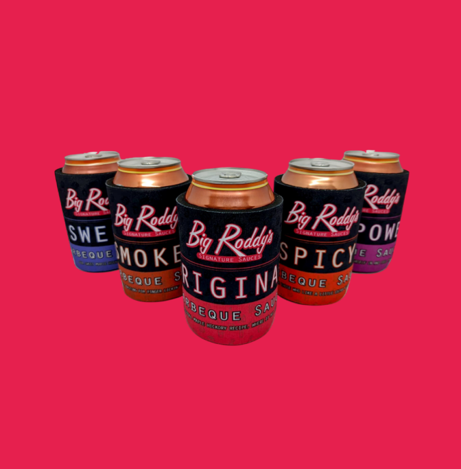 Five cans of Big Raddy signature sauces with flavors including Sweet, Smoke, Original, Spicy, and Power, arranged on a red background.