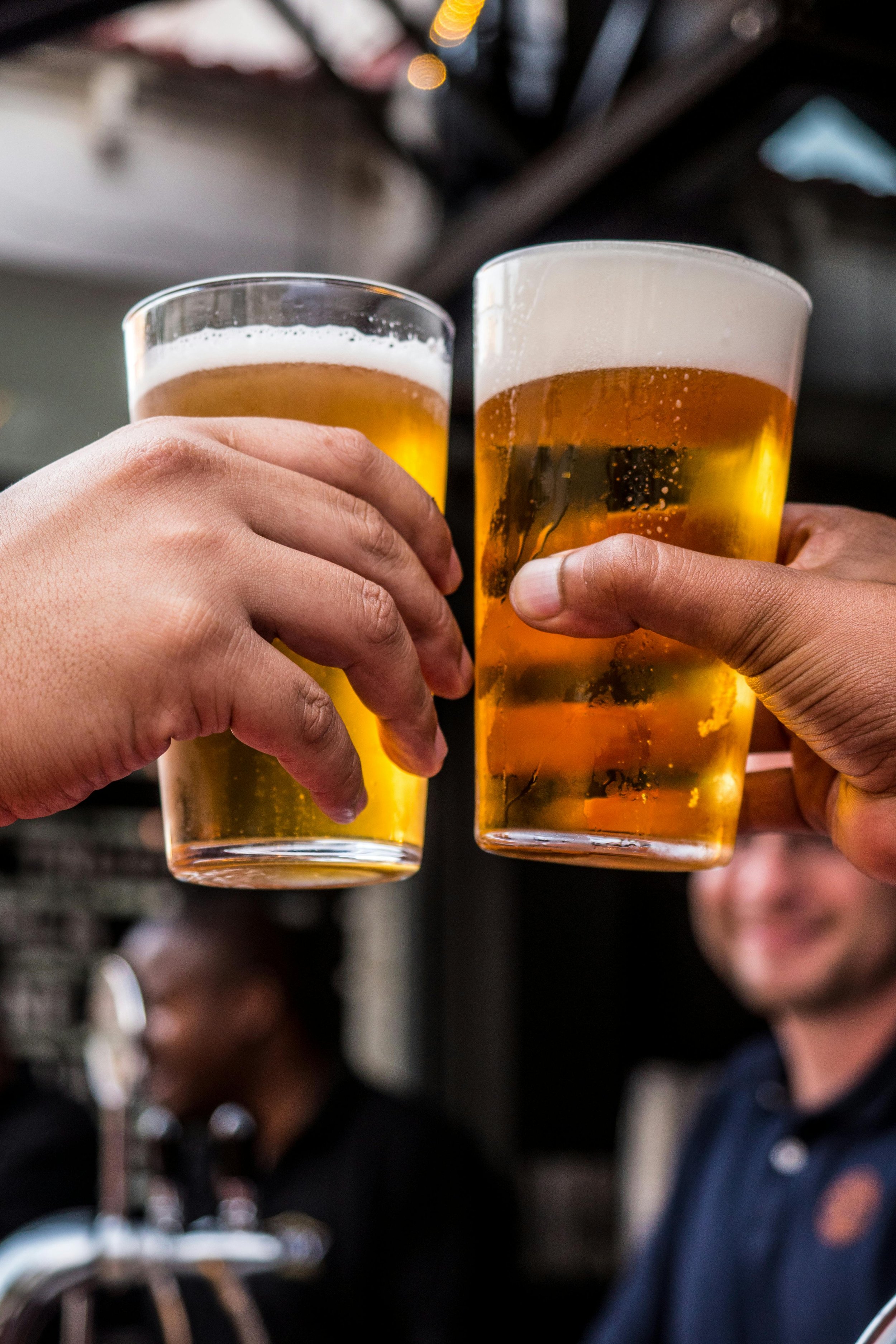 Two people toasting with glasses of beer in a bar or pub setting.