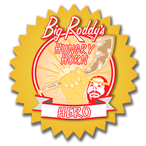Badge with a yellow background and red border featuring a fist holding a hungry horn, with the text 'Big Raddy's Hungry Horn Hero'