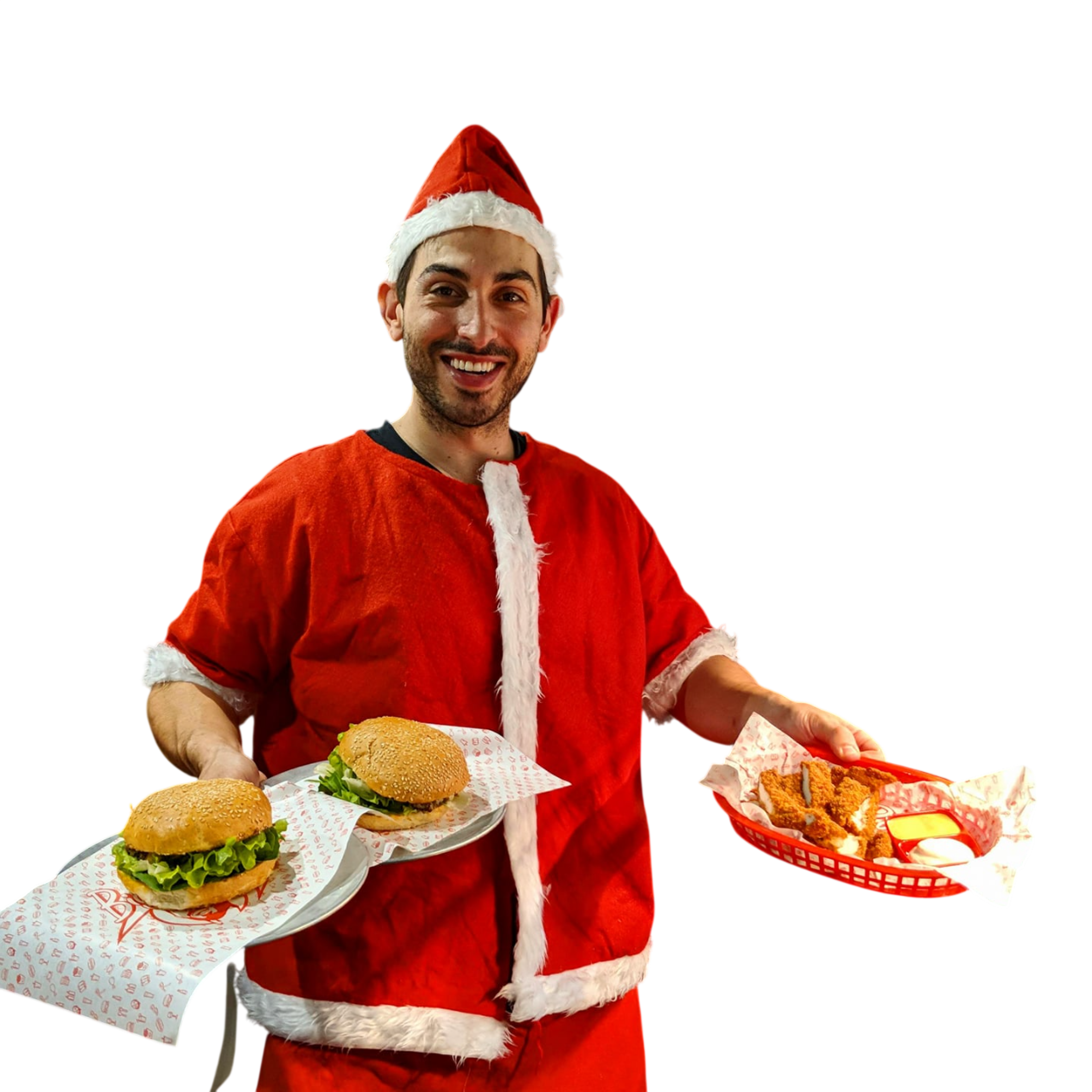 A man (Roddy) dressed in a Santa costume holding two trays of fast food, including burgers and fried chicken, against a background with a green and red colour block.