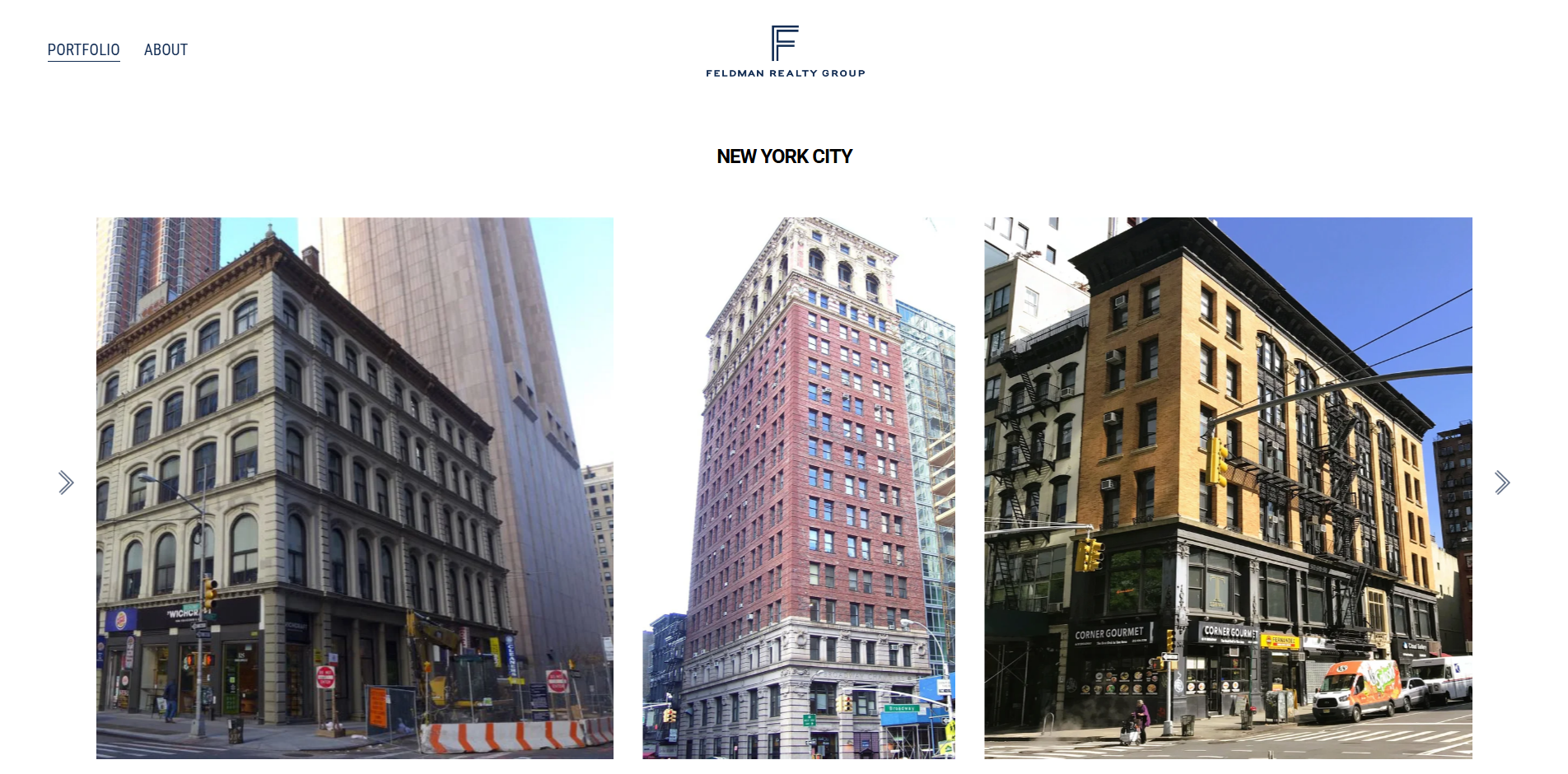 A city street view in New York City with three different buildings showing classic architecture, being viewed from the street with vehicles and pedestrians.