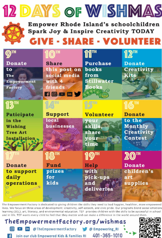 A colorful calendar titled '12 Days of Wishmas' by The Empowerment Factory, encouraging donations, sharing, volunteering, supporting local businesses, and helping children's art supplies for Rhode Island's schoolchildren.