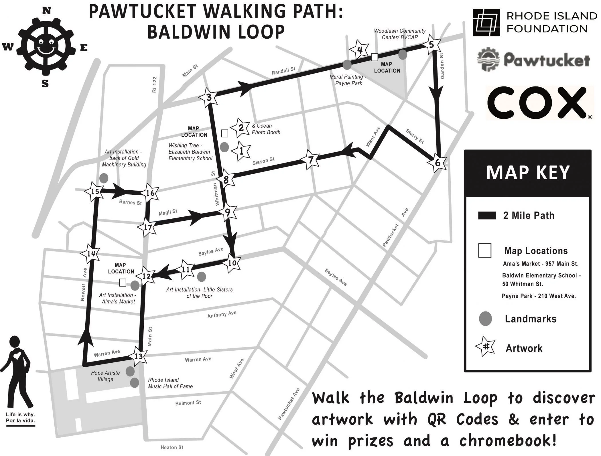 Map of the Pawtucket Walking Path called Baldwin Loop showing a 2-mile route marked with arrows, landmarks,  art installations, and artwork with QR codes in Pawtucket, Rhode Island.