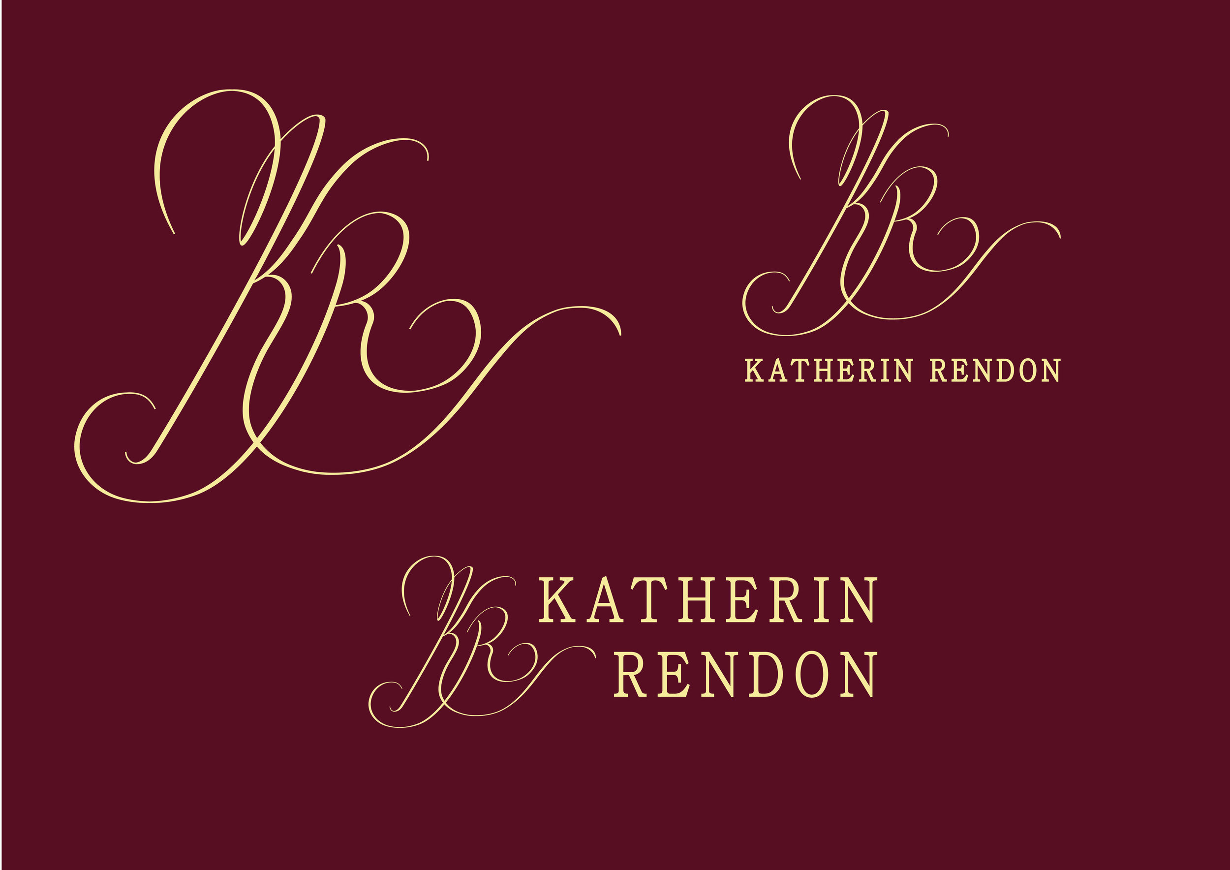 Three variations of the name 'Katherin Rendon' in elegant cursive font on a dark red background.