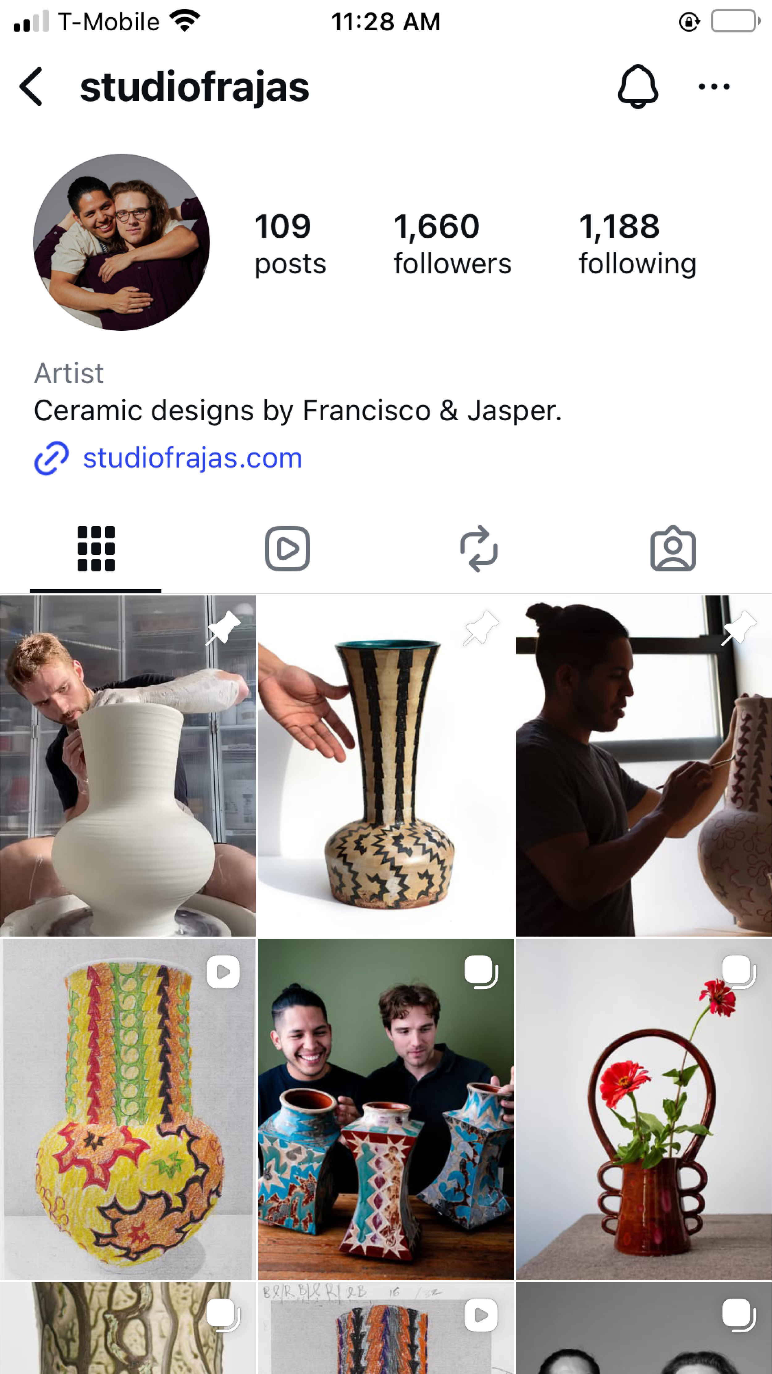 Instagram profile page of 'studiofrajas' featuring images of ceramic vases and pottery, including a person shaping a large vase, a decorated vase, and a person painting a vase.