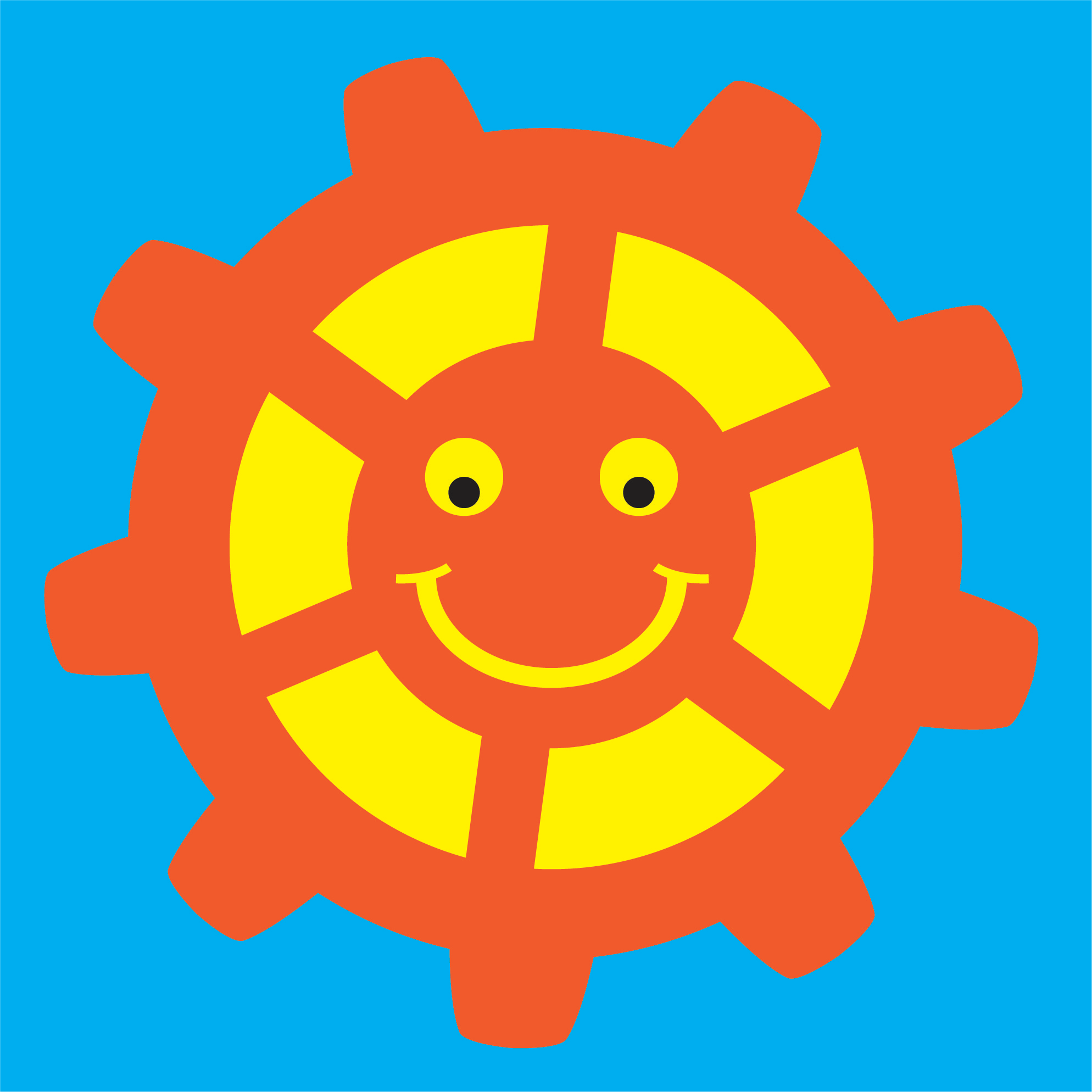 A colorful illustration of a smiling gear with a face.