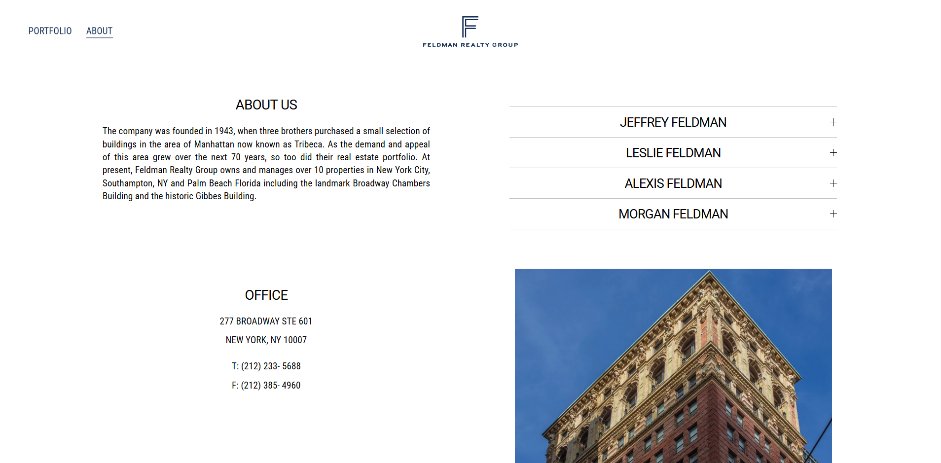Real estate company's website page with text about the company's history and properties, and a photo of a historic brick building against a blue sky.