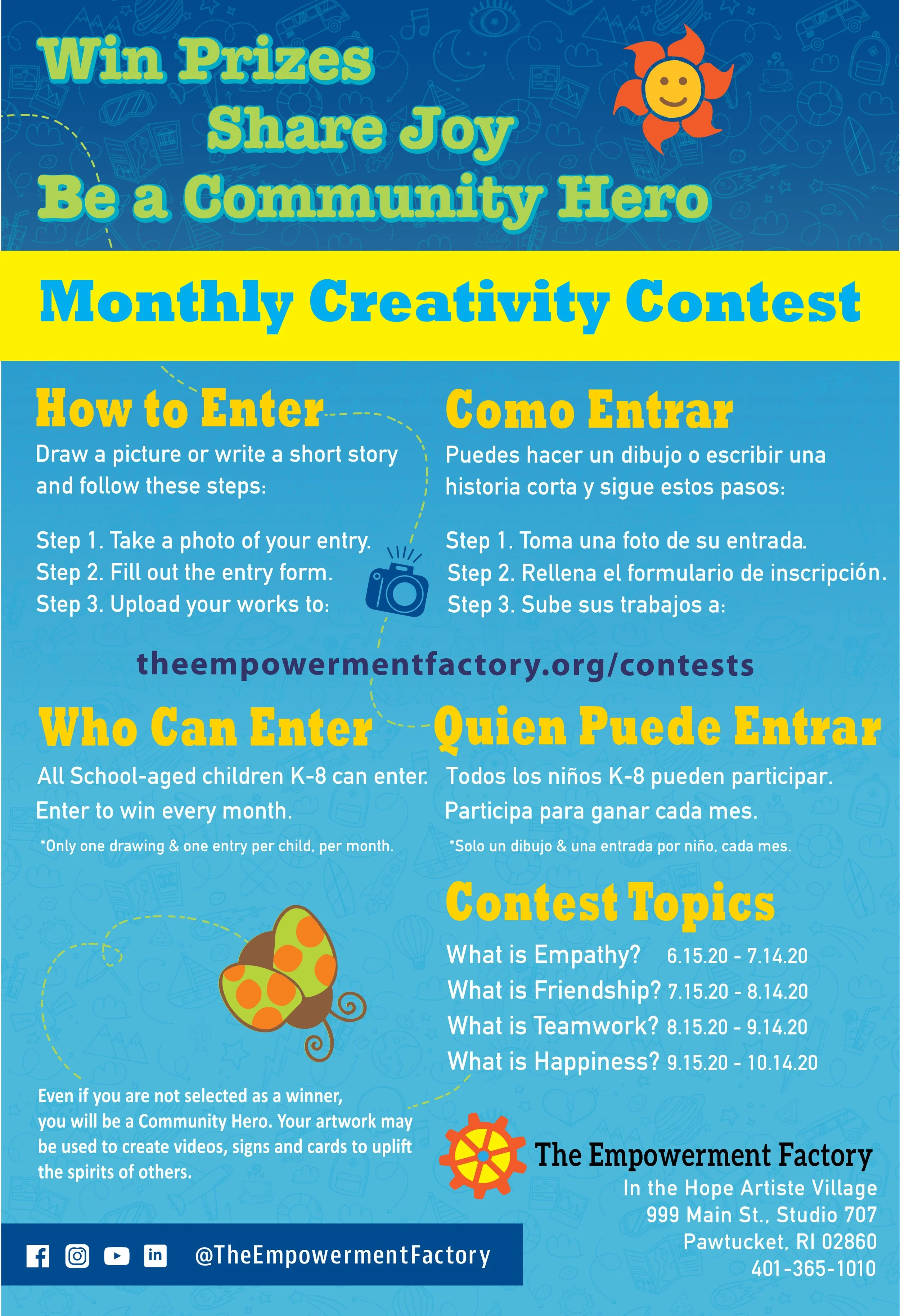 Colorful flyer advertising a monthly creativity contest at The Empowerment Factory, featuring instructions in English and Spanish on how to enter, who can participate, contest topics and dates, with illustrations of a camera, butterfly, and gear.