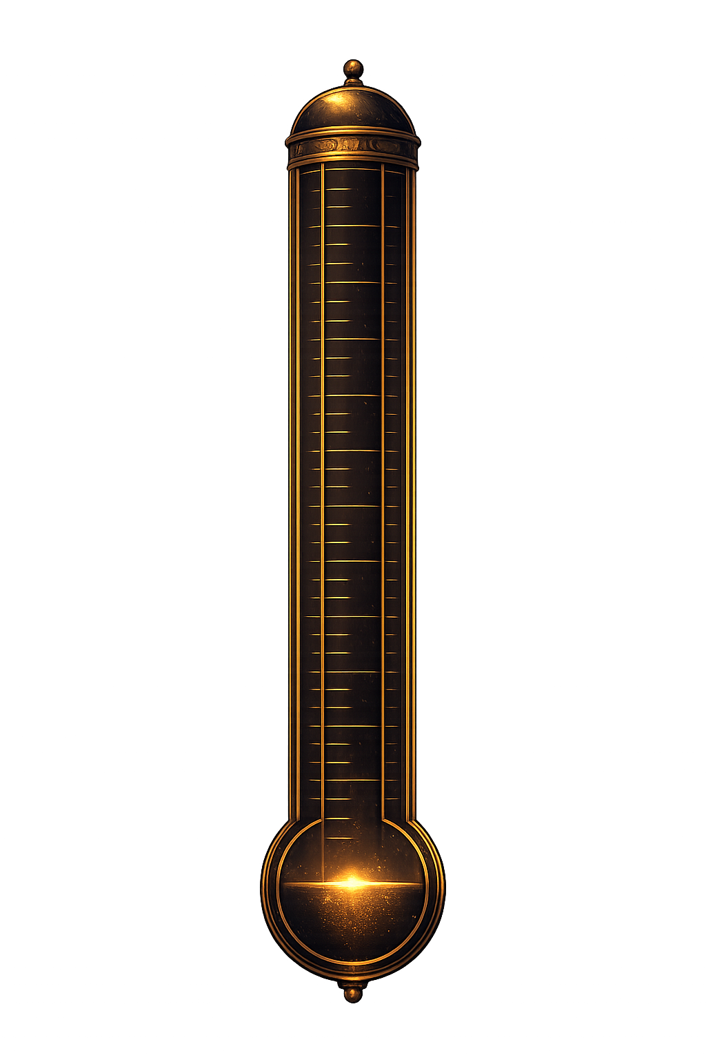 A vertical, ornate, golden thermometer with a dark background.