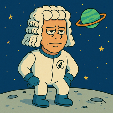 Cartoon astronaut standing on the moon with a bored expression, surrounded by stars and a planet in the background.
