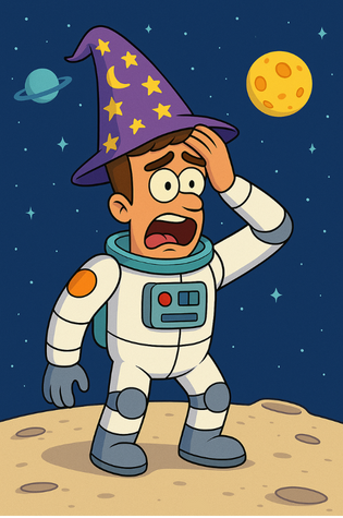 Cartoon astronaut in space wearing a wizard hat with stars and moons, on a moon-like surface with a planet and a moon in the background, looking shocked.