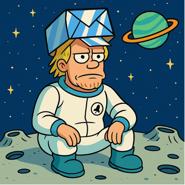 A cartoon astronaut sitting on the moon, with a sad expression, in space with stars and a planet with rings in the background.