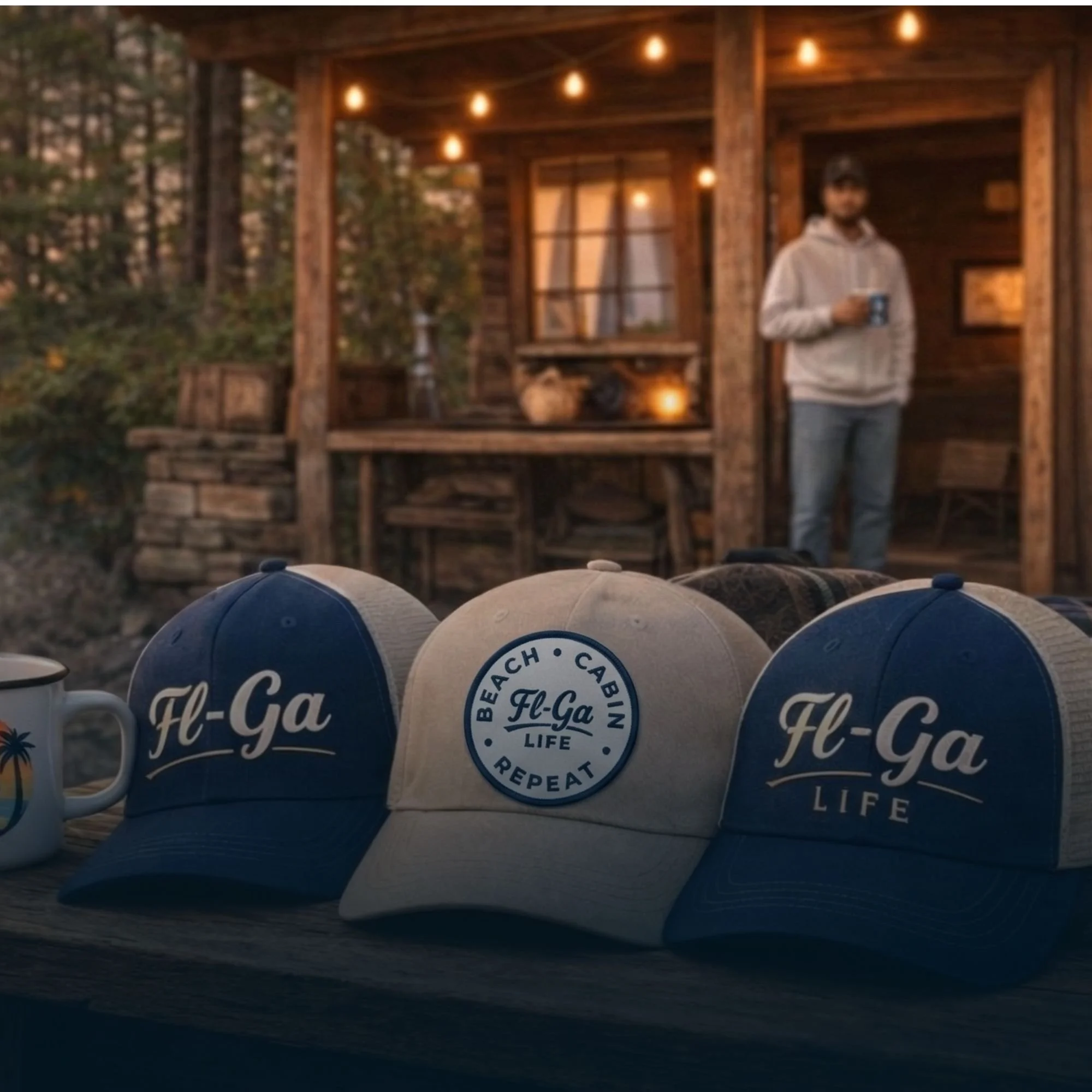 Several baseball caps with 'FL-GA LIFE' and 'BEACH CABIN REPEAT' logos placed on a table outside a rustic cabin, with a man holding a mug in the background during evening.