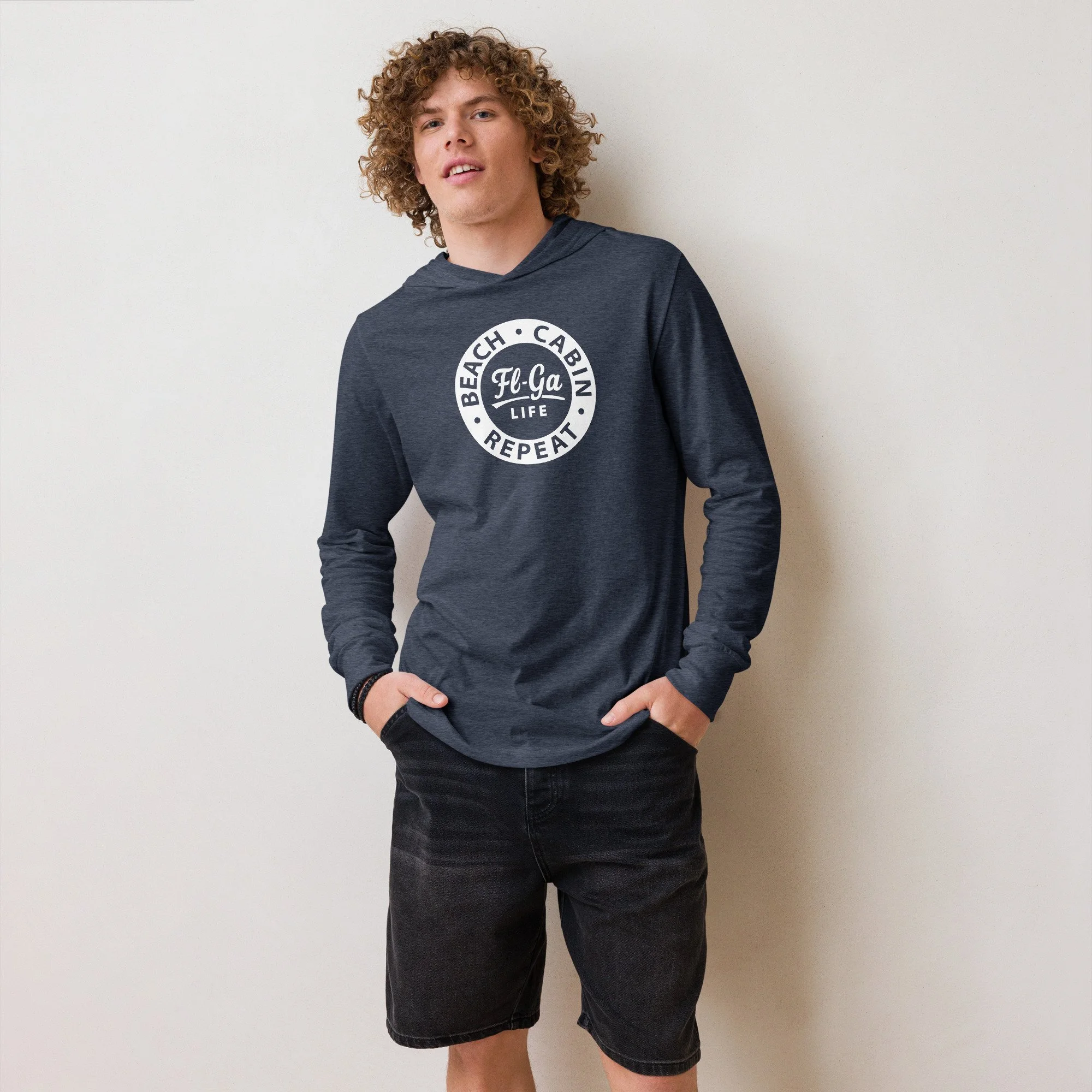 "Beach.  Cabin.  Repeat." Hooded Long-Sleeve Tee