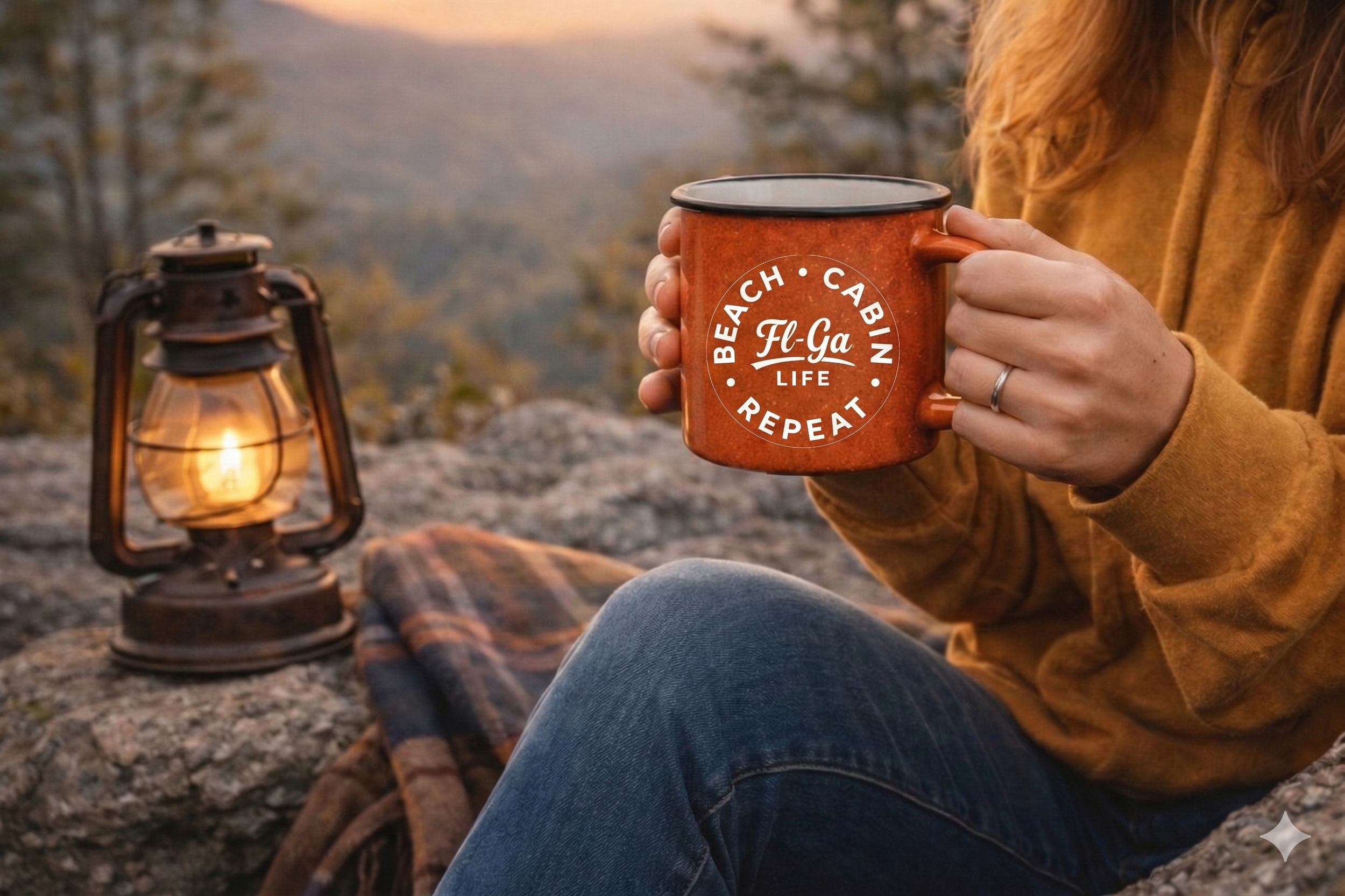 Person sitting outdoors holding a rustic orange mug with a camping logo, next to a lit lantern on a rocky surface with autumn trees in the background.