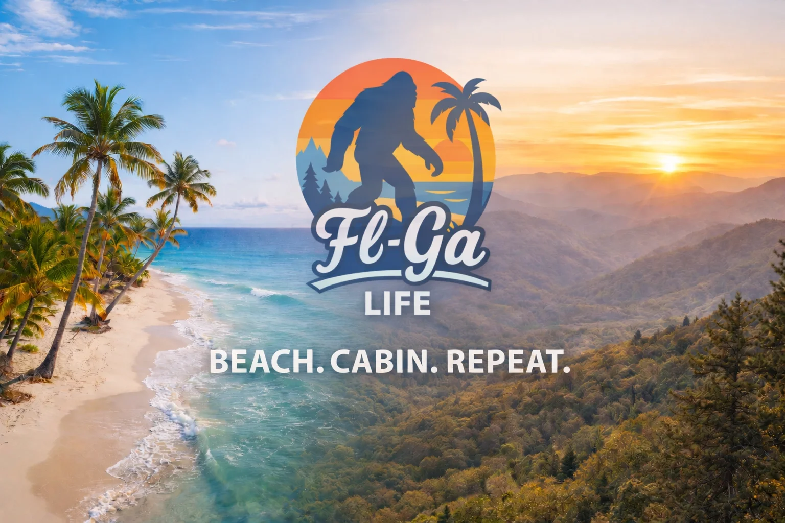 Tropical beach with palm trees, ocean waves, and a sunset over mountains. Overlaid is a logo of a Bigfoot figure with a sunset, palm trees, and mountains, with the text 'FC Ga Life' and the slogan 'Beach. Cabin. Repeat.'