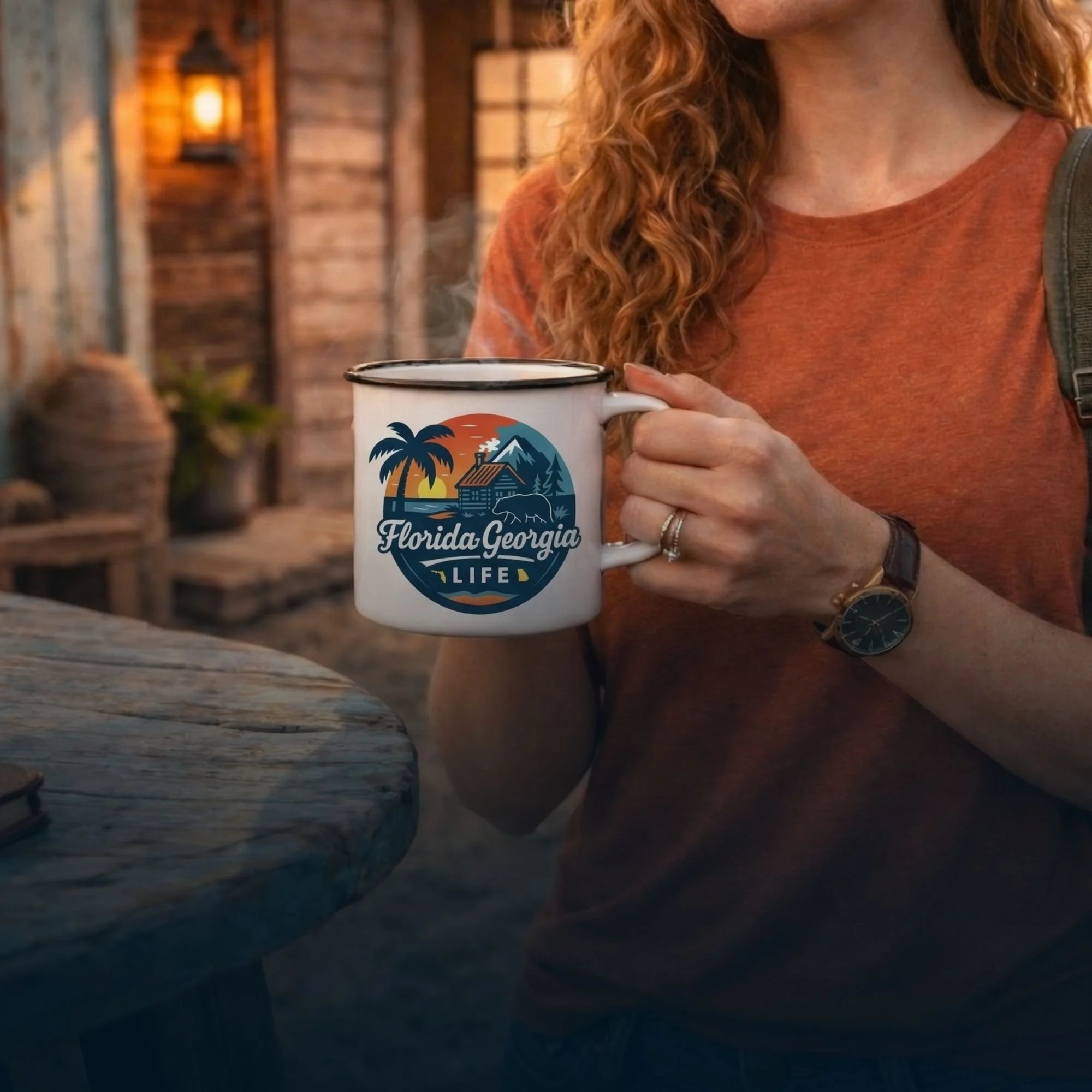 A woman with curly red hair holding a white mug with a Florida Georgia Life logo, sitting at a rustic outdoor table with a wooden background and warm lighting.
