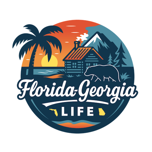 A circular logo with a sunset, palm tree, mountain, cabin, bear, and water view, featuring the text 'Florida-Georgia LIFE'.