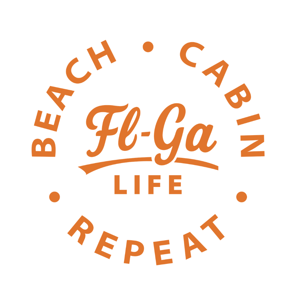 Circular logo with the phrase 'Beach, Cabin, Life, Repeat' in orange text around the border, and 'FL-GA' in the center in a stylized font.