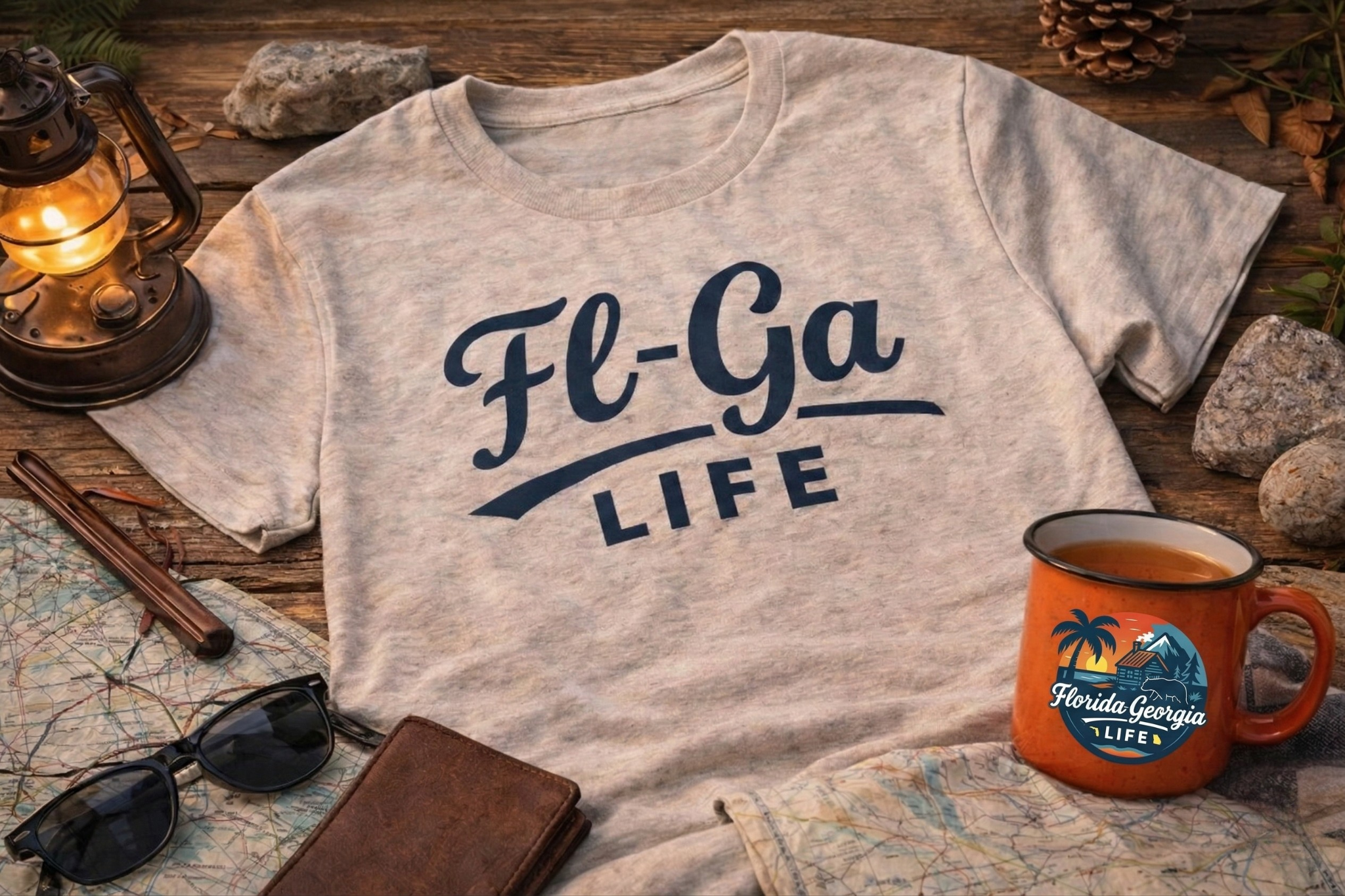 A gray T-shirt with the text 'Fl-Ga Life' printed on it, surrounded by a lantern, sunglasses, a wallet, a map, a pen, and a coffee mug with a Florida-Georgia-themed design, placed on a wooden surface with rocks and pinecones nearby.