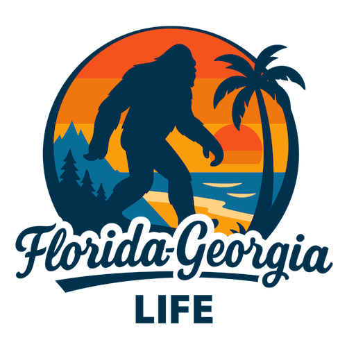 A logo featuring a Bigfoot silhouette against a sunset background with palm trees, mountains, and a body of water, and the text "Florida-Georgia LIFE."