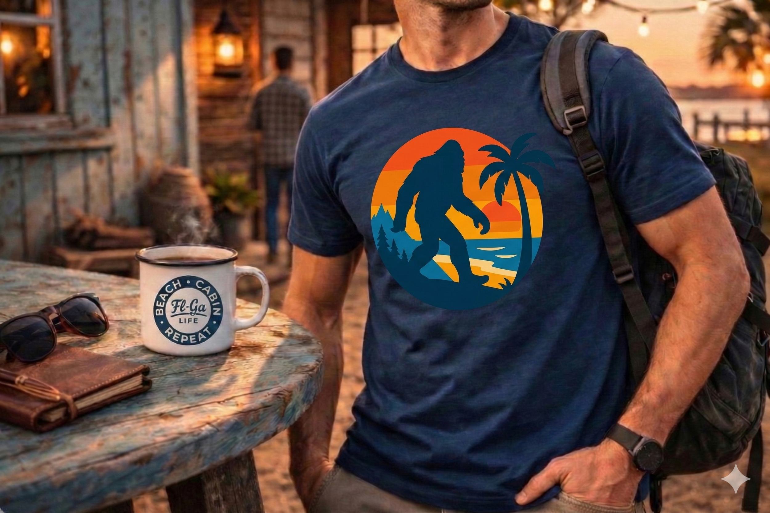 A man wearing a navy blue T-shirt with a sunset, palm tree, and gorilla graphic, standing at a rustic outdoor bar with a steaming mug, sunglasses, and a notebook on the table, at sunset.