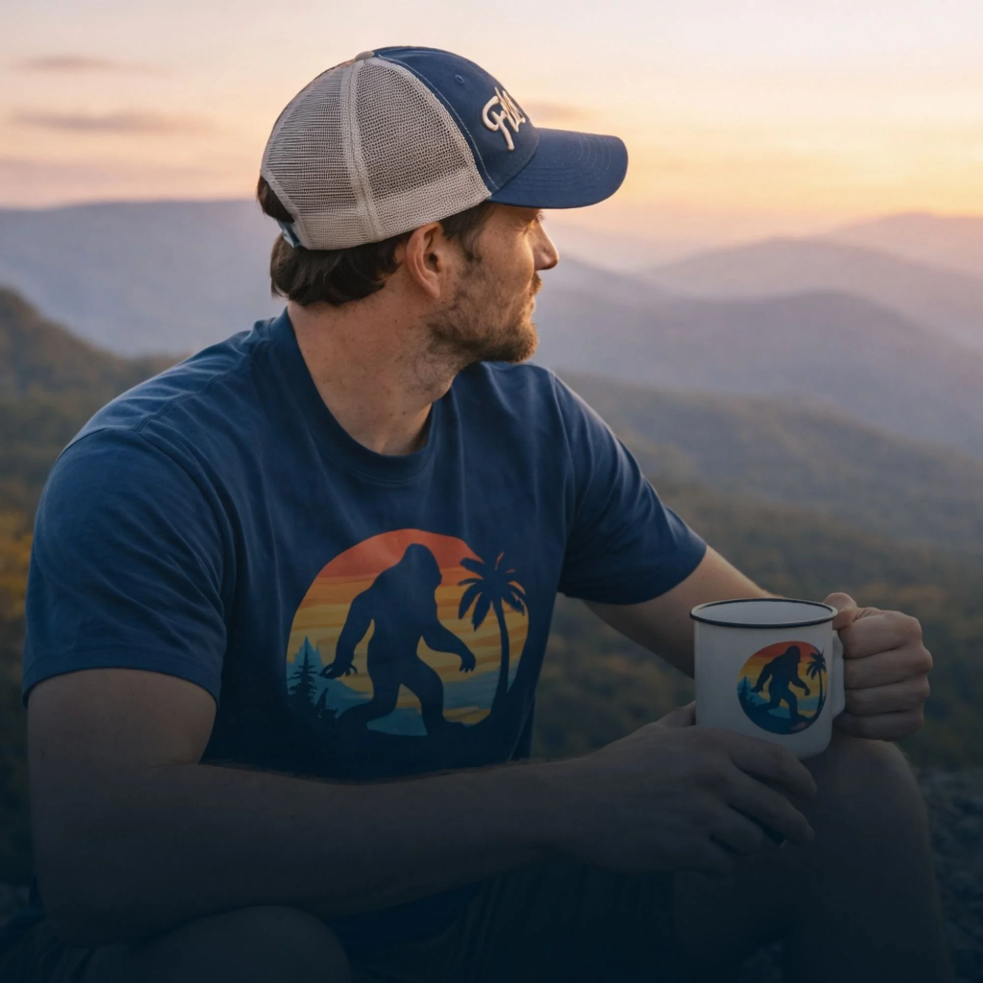 A man with a beard wearing a blue baseball cap and a blue T-shirt with a monkey and palm tree design, sitting outdoors at sunset, holding a mug with a similar design.