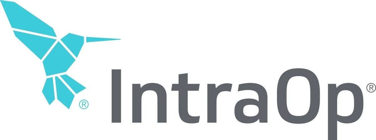 Logo featuring a stylized blue hummingbird and the text 'IntraOp' in gray.