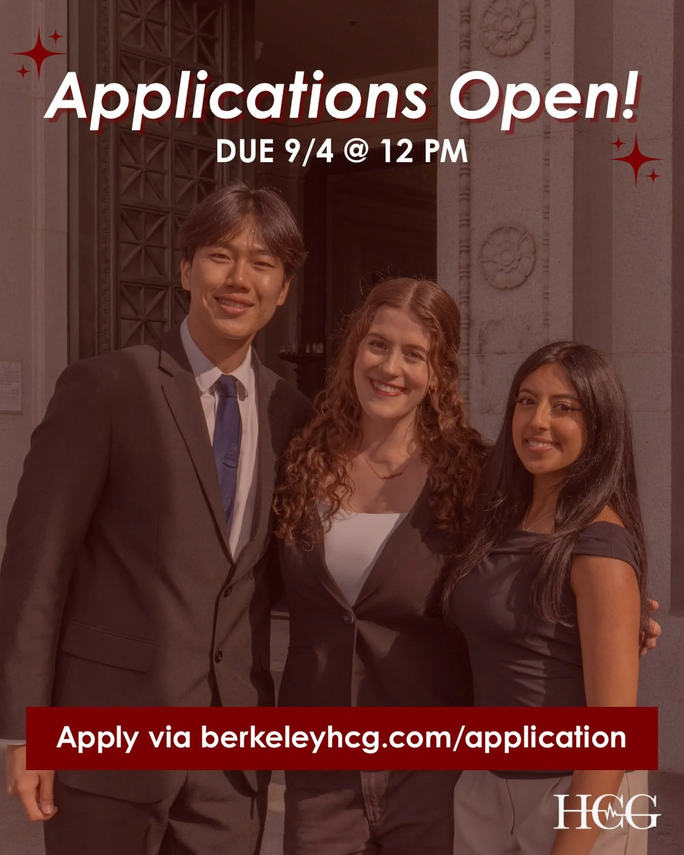Applications for the Fall 2026 Semester have officially opened!! 

Make sure to check it out via berkeleyhcg.com/application !! Be sure to submit by Friday (9/4) at noon!!