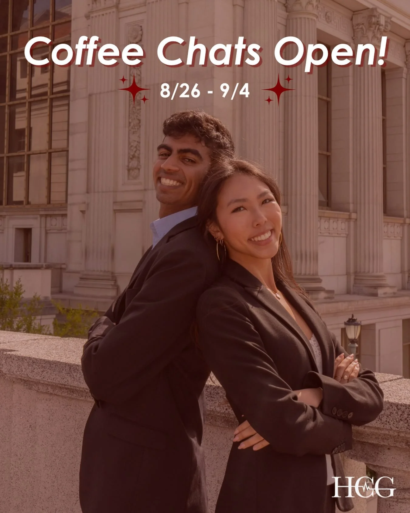 Get ready to Coffee Chat members of the Executive Team, Project Leads, and Senior Advisors starting today! This is a great opportunity to meet HCG members in a 1-1 setting and learn more about their experiences!

Sign up through berkeleyhcg.com/membe