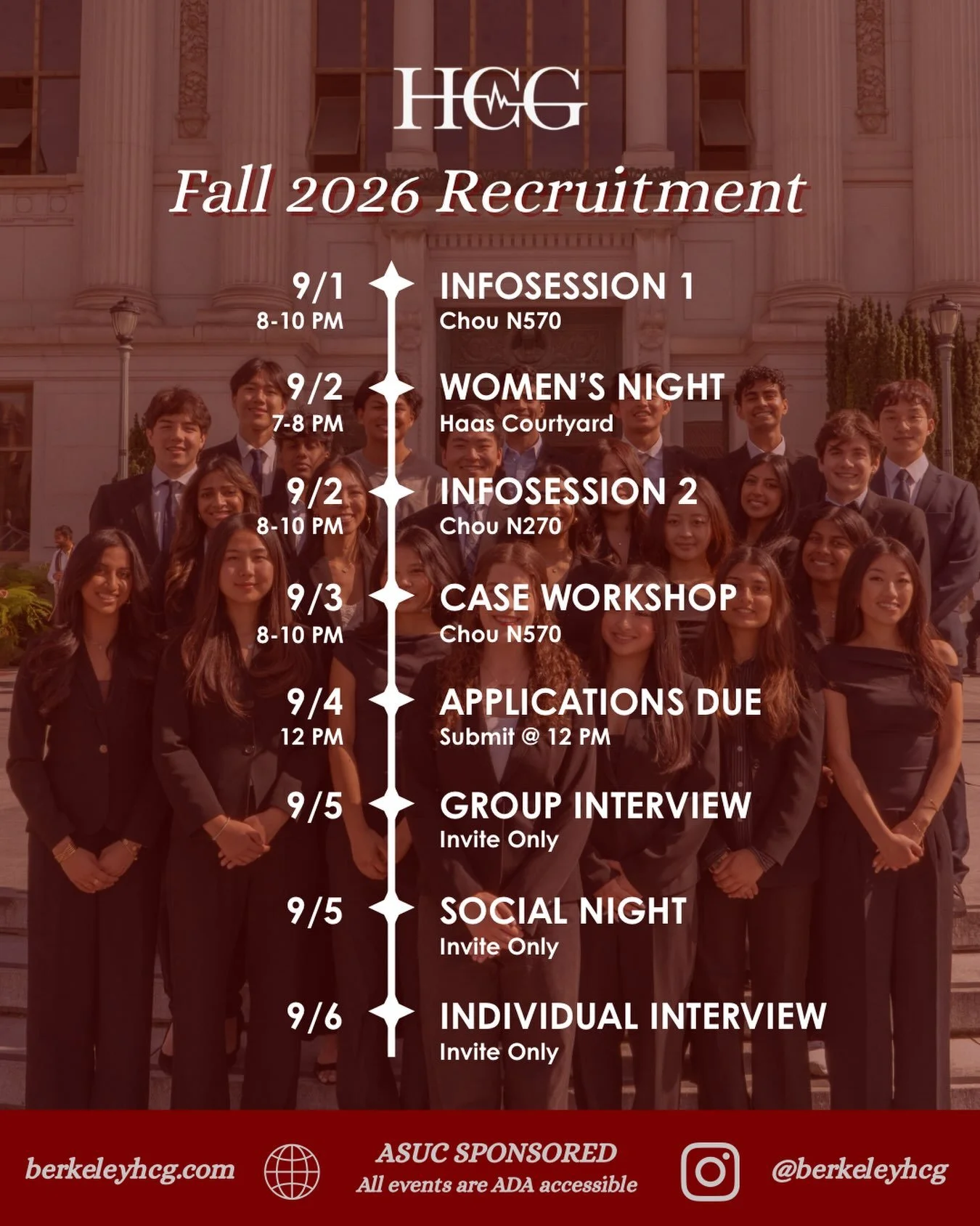 We are super excited to announce our Fall 2026 Recruitment timeline!!

We will start tabling tomorrow, so be sure to stop by and learn more about HCG!!