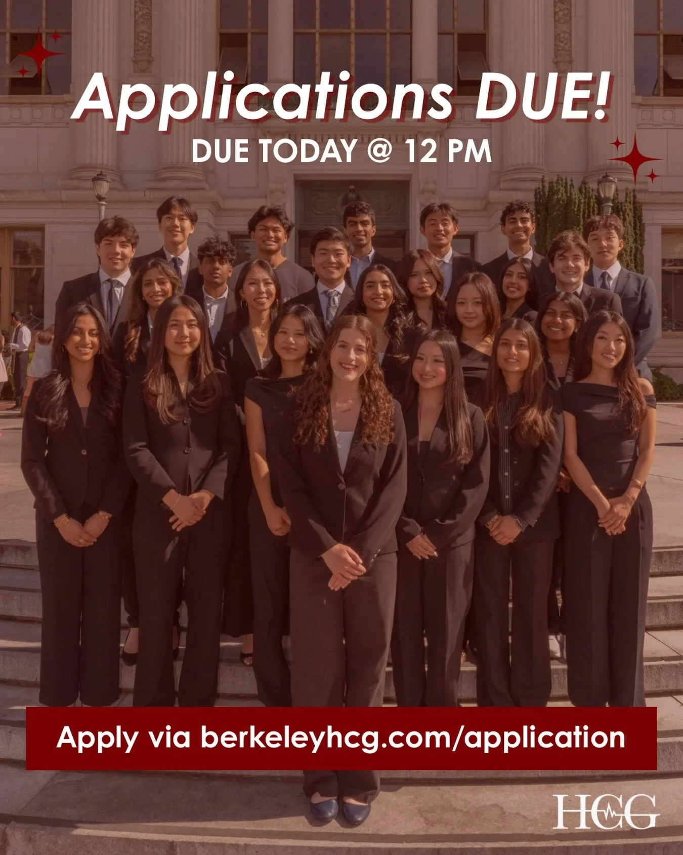 Applications for the Fall 2026 Semester are officially due TODAY (9/4) at NOON!! 

Make sure to submit via berkeleyhcg.com/application !!