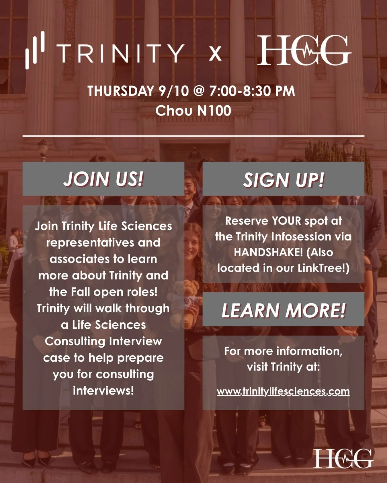 Join us this Thursday for the Trinity Life Sciences Infosession hosted by HCG! Link to sign up is on Handshake or in our LinkTree!  Trinity powers the future of life sciences commercialization through the fusion of human and artificial intelligence. 