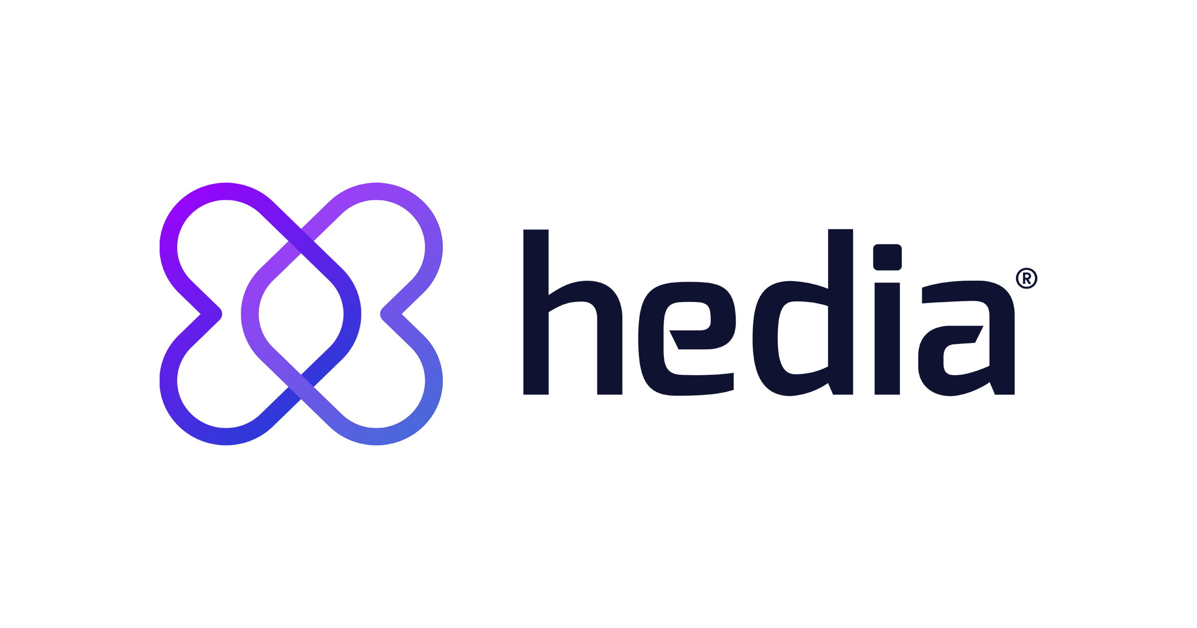 Hedia logo featuring a stylized purple butterfly icon and the word 'hedia' in dark blue lowercase letters.