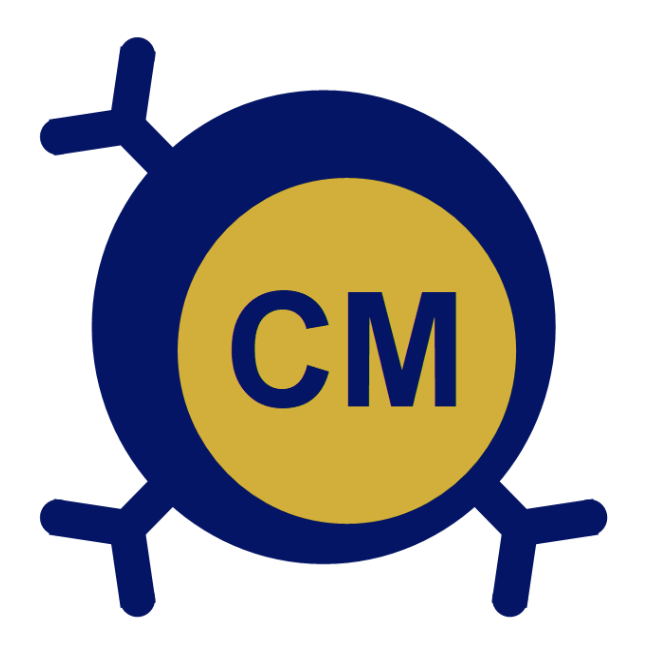 Illustration of a bomb with a yellow circle in the center containing the letters 'CM', and a dark blue outer casing with three sticks.