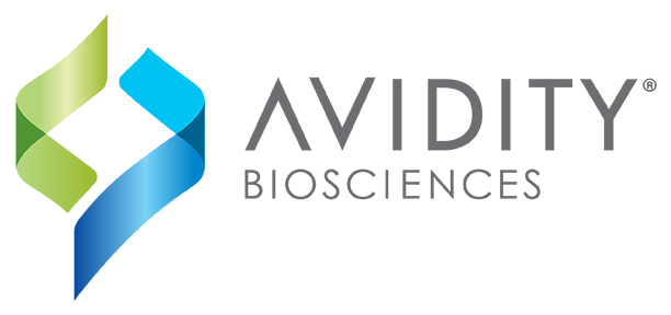 Avidity Biosciences logo with a stylized green and blue geometric design and the company name in gray text.
